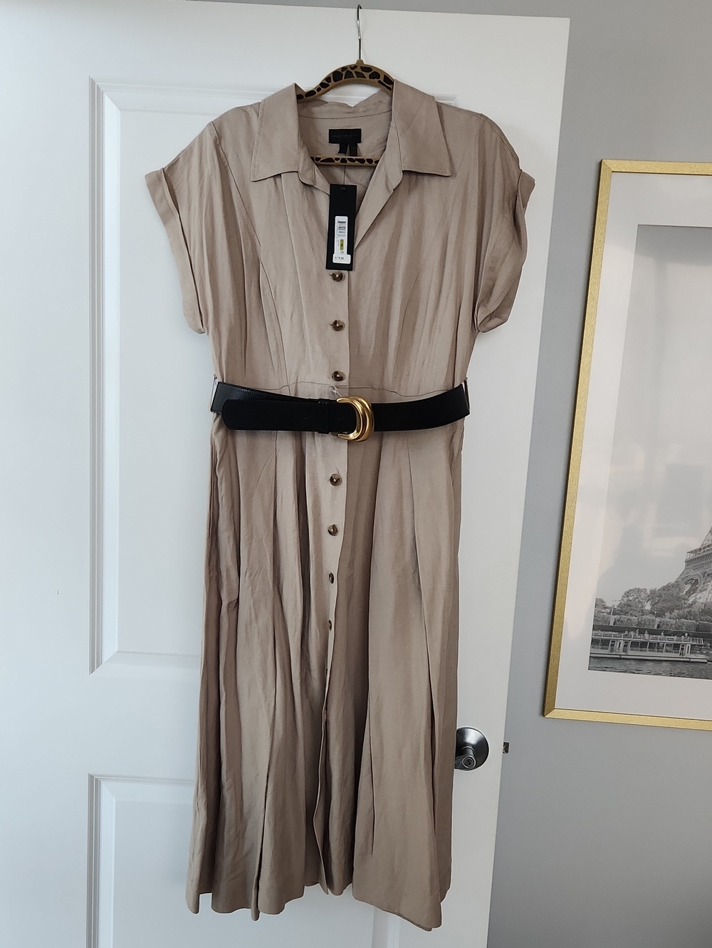 Beige Short-Sleeve Button-Front Midi Dress with Belt, Size 14, Donna Karan, NWT